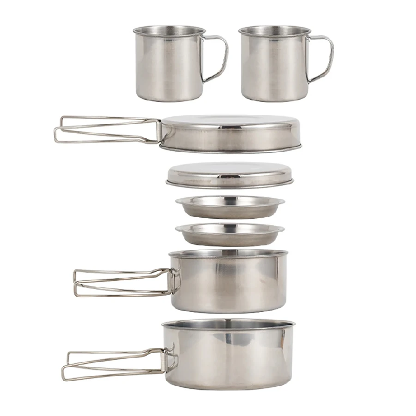 Paella Pan Steel - 8 ชิ้น/เซ็ต ชุดเครื่องครัวสำหรับตั้งแคมป์ ชุดหม้อและกระทะสแตนเลส พร้อมจาน ถ้วย