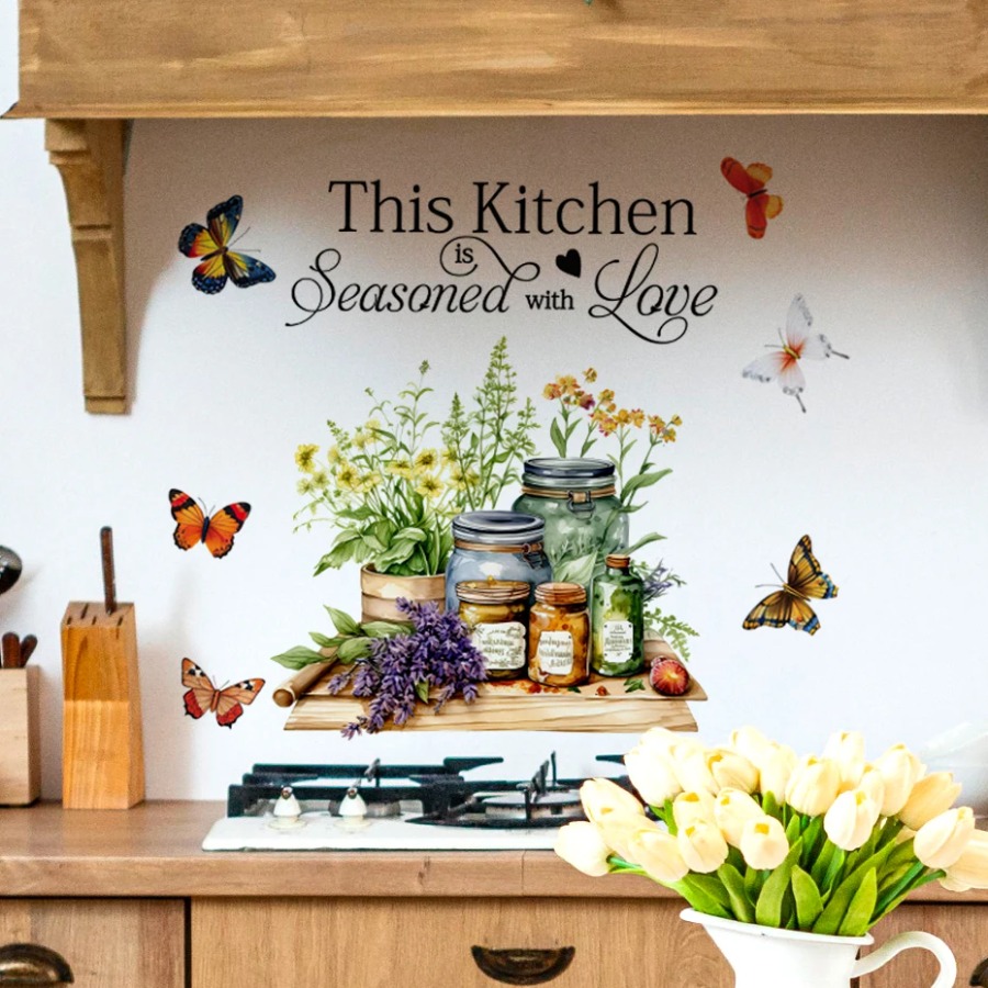 Home Cooking Quotes - สมุนไพรในครัว ศิลปะการทำอาหาร ลายดอกไม้ผีเสื้อ คำคมเกี่ยวกับครัว สติ๊กเกอร์ติดผนัง ศิลปะตกแต่งบ้าน