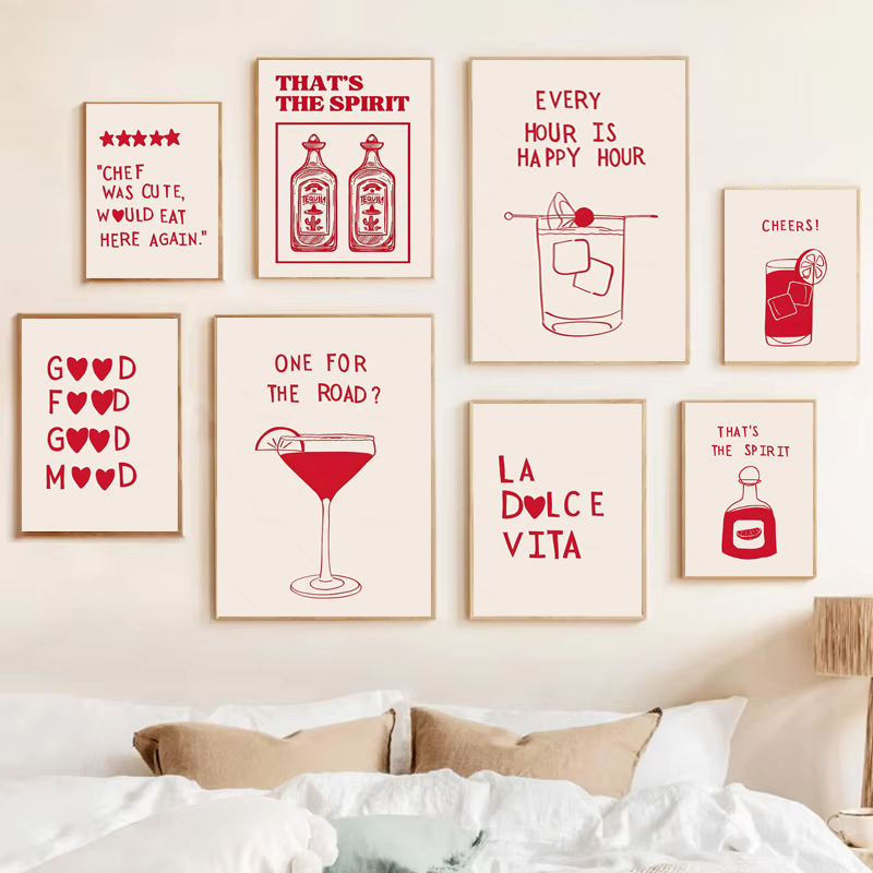 Home Cooking Quotes - (ภาพวาดบนผ้าใบ 2D) โปสเตอร์ศิลปะการครัวแบบมินิมอล 1 ชิ้น ลายค็อกเทลสีแดงพร้อมข้อความคำพูดเกี่ยวกับหัวใจสีแดง