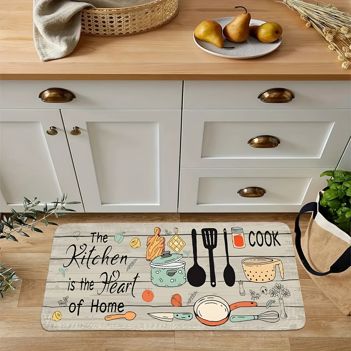 Home Cooking Quotes - พรมปูพื้นครัวลายอุปกรณ์ครัว พรมกันลื่นเนื้อนุ่มซับน้ำได้ดี ขนาดยาว พร้อมคำคม 