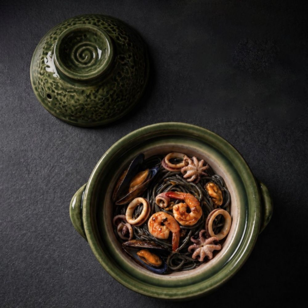 Tagine Clay Pot - หม้อดินเผาสองหูจับเคลือบสองชั้น ทนความร้อน หม้อต้มโจ๊กลายตีลายแบบวินเทจ