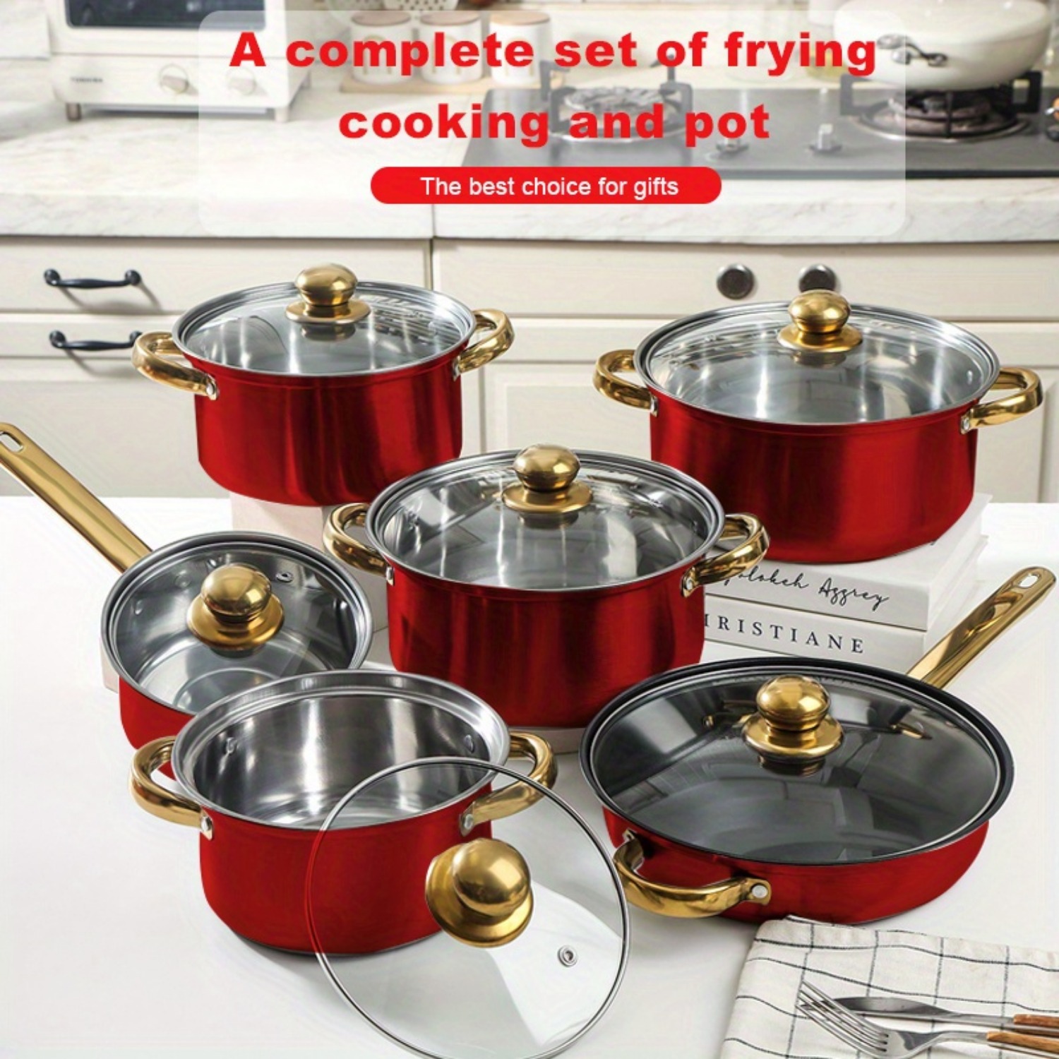 Paella Pan Steel - ชุดเครื่องครัวสแตนเลส 12 ชิ้น, ชุดกระทะเคลือบกันติดหลากสีพร้อมฝาปิด, อเนกประสงค์, ทันสมัยและทนทาน