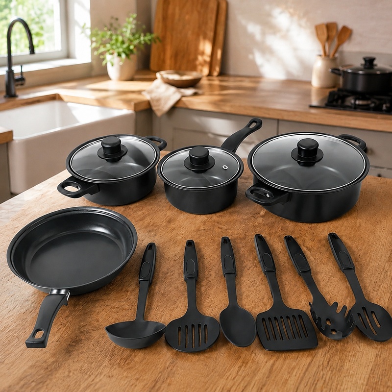 Paella Pan Steel - ชุดเครื่องครัว 13 ชิ้น ประกอบด้วยหม้อเคลือบกันติดสำหรับเตาแม่เหล็กไฟฟ้า กระทะ และอุปกรณ์ทำอาหารสำหรับใช้ในร่มและกลางแจ้ง