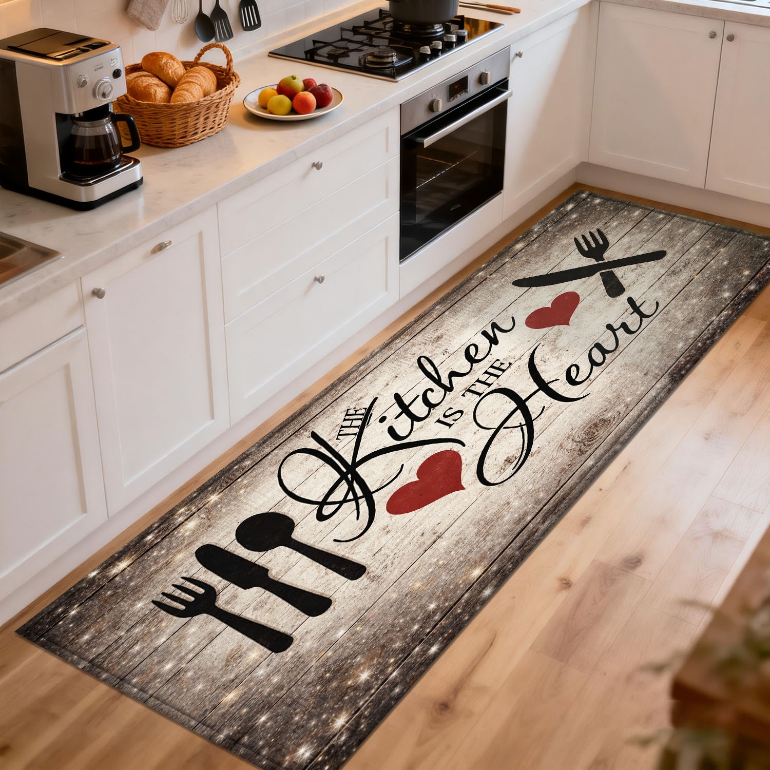 Home Cooking Quotes - พรมปูพื้นลายไม้แบบชนบทสำหรับห้องครัว พร้อมลวดลายอุปกรณ์ครัวและรูปหัวใจ สำหรับตกแต่งพื้นที่ทำอาหารและพื้นที่ภายในบ้าน