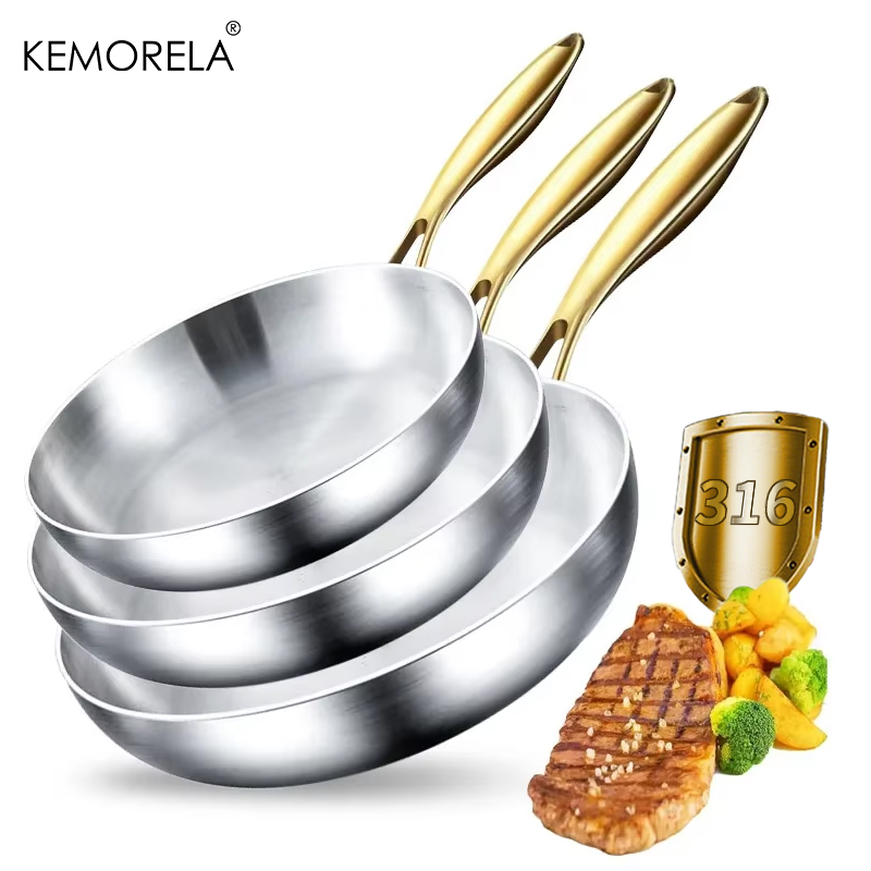 Paella Pan Steel - กระทะเหล็กกล้าไร้สนิม 316 ชุด 3 ชิ้น ด้ามจับสีทอง