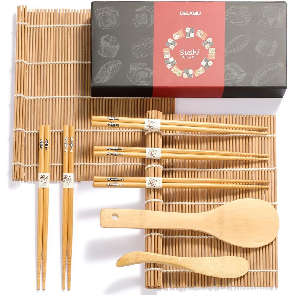 Sushi Mat Bamboo - ชุดทำซูชิพรีเมียม พร้อมเสื่อไม้ไผ่ ตะเกียบ ไม้พาย ที่เกลี่ยเนื้อ และคู่มือสำหรับผู้เริ่มต้น